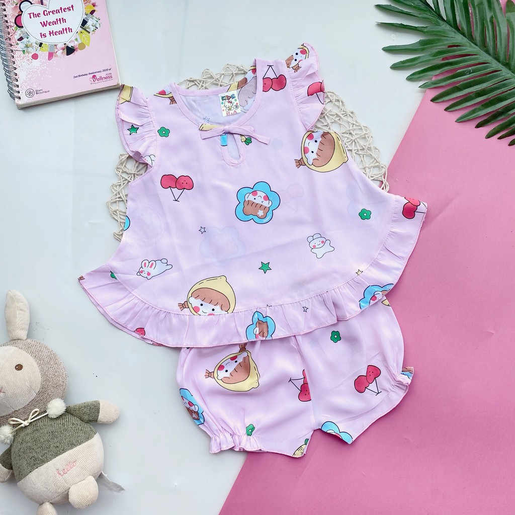 Đồ bộ tôn (tole - lanh) mẫu tay nhí lai xòe họa tiết xinh xắn mềm - mịn - mát cho bé gái 7-9kg (hình thật)