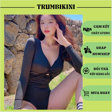 [LOẠI ĐẸP + HÌNH CHỤP THẬT] Bikini, Bodysuit tay dài xoắn ngực màu đen cá tính TRUMBIKINI TBKN53
