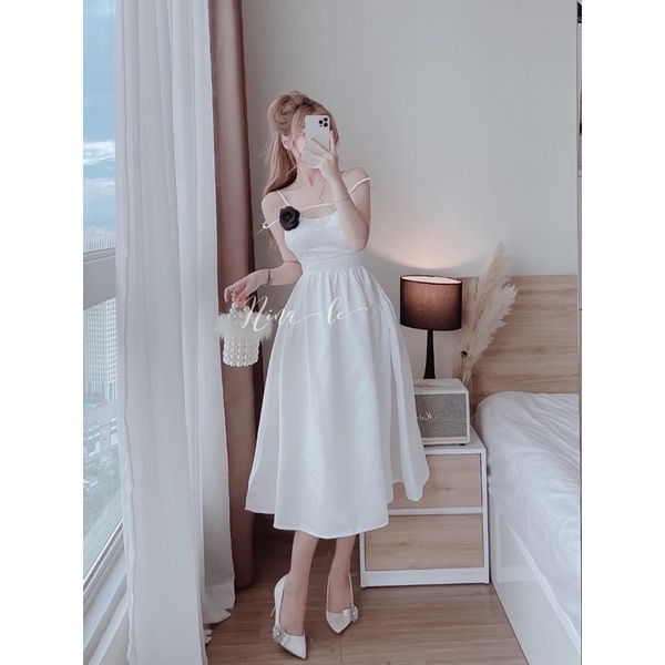 ĐẦM MIDI 2 DÂY CÀI BÔNG ĐEN 1 BÊN