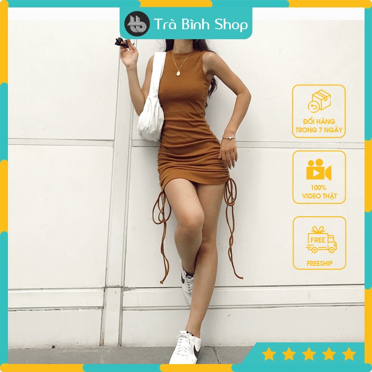 Đầm body sát nách rút dây eo Váy ôm cổ tròn tôn dáng