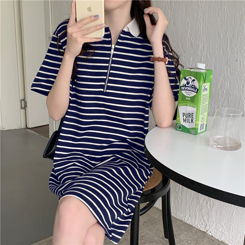 Áo polo Tay Ngắn Dáng Rộng Họa Tiết Kẻ Sọc Đơn Giản Thời Trang Mùa Hè Cho Nữ