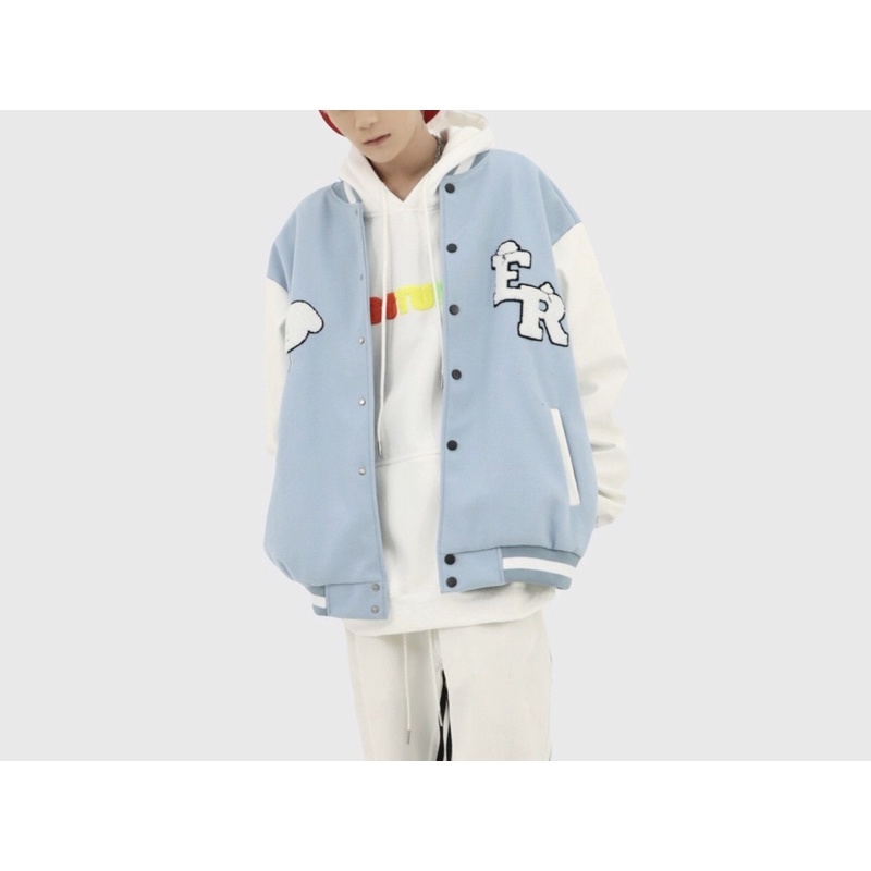 Áo bomber - Jacket varsity chất dạ tay da thêu xù 100% trái tim ER chính hãng