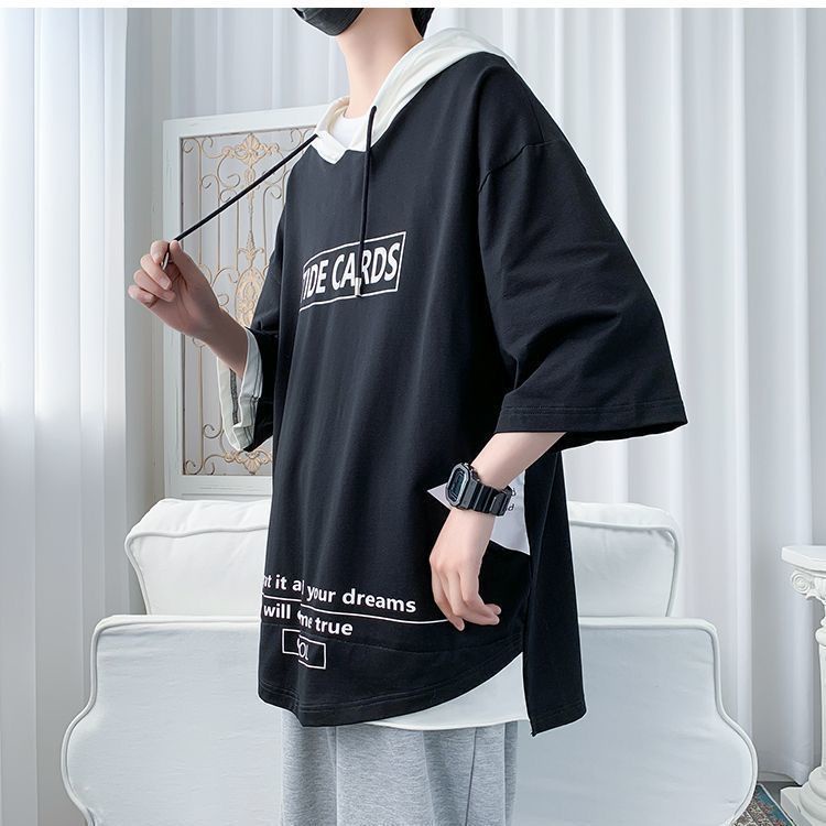 Áo hoodie giả hai lớp tay ngắn dáng rộng thời trang mùa hè cho nam giới