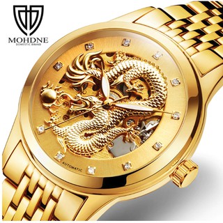 Đồng Hồ Cơ Nam Automatic Chạm Rồng 3D Lộ Máy Giá Rẻ Mạ Vàng Kim Loại Demi Chống Nước Chống Xước