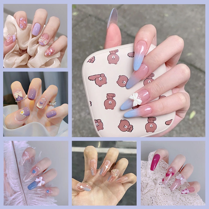【Miễn phí hai dụng cụ lắp】 24 chiếc móng tay giả hình bướm với kim cương để vẽ móng nhanh chóng