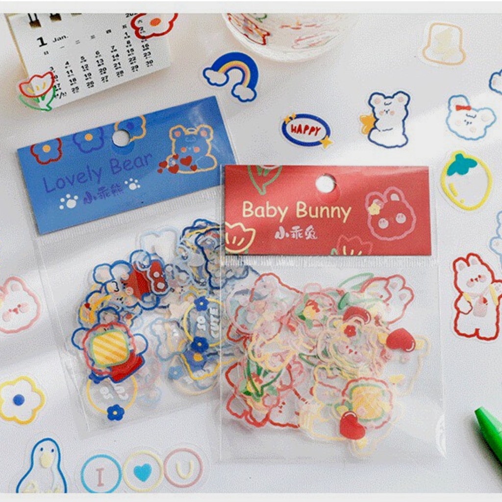 Sticker cute set 45 hình, nhãn dán họa tiết viền nhiều màu