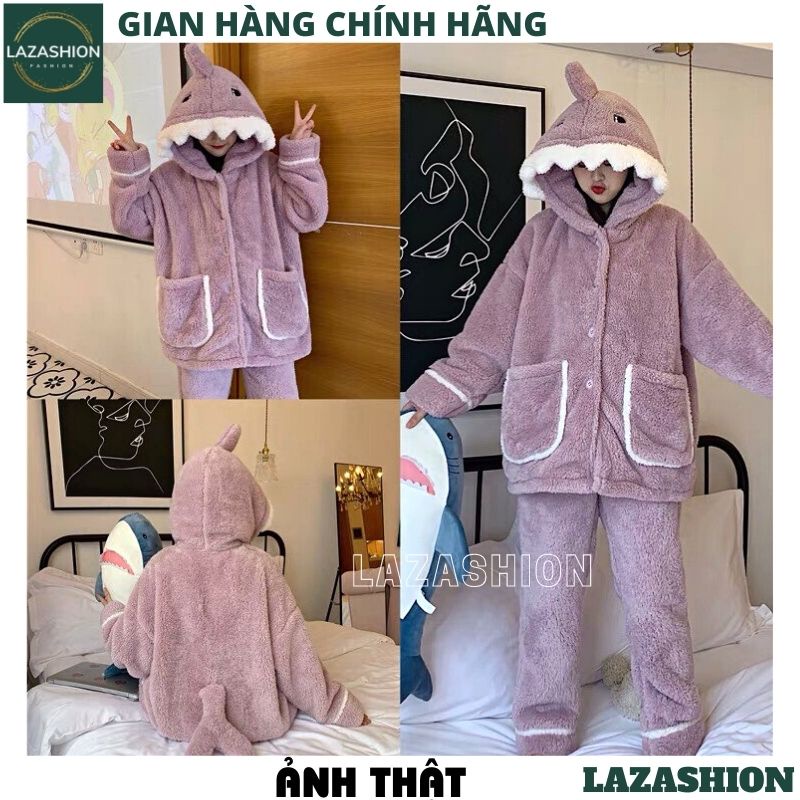 QUÀ TẶNG CHUN BUỘC TÓC XINH CHO Bộ ngủ lông hình cá mập tím, bộ mặc nhà, pijama, quần áo ngủ dài tay thu đông xuân