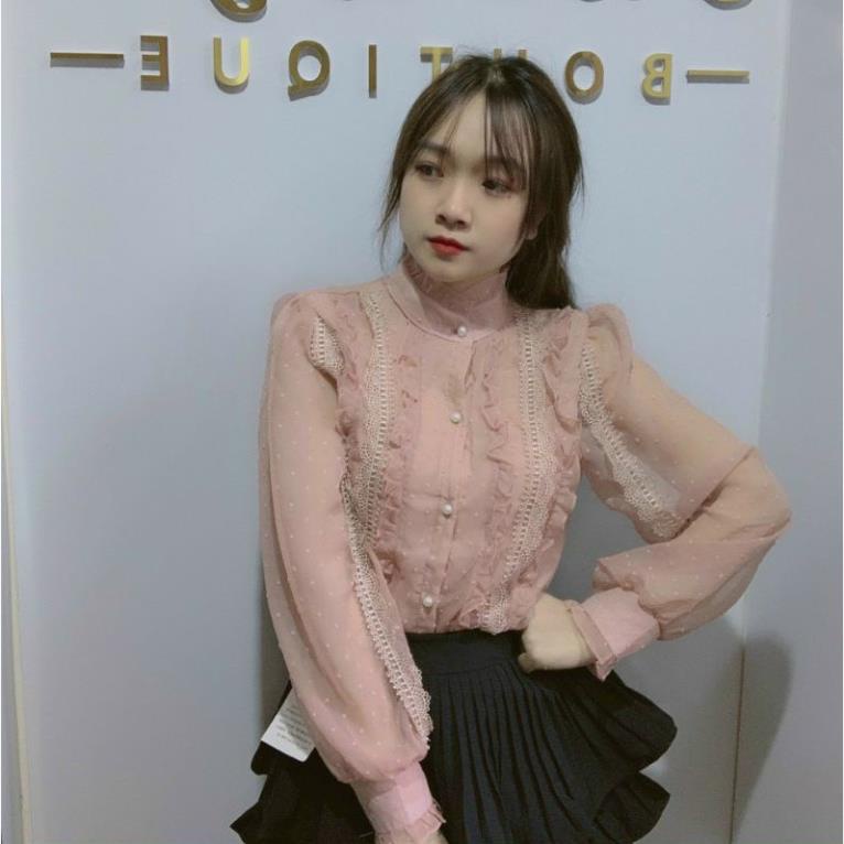 Áo sơ mi bánh bèo tiểu thư pha ren cổ trụ