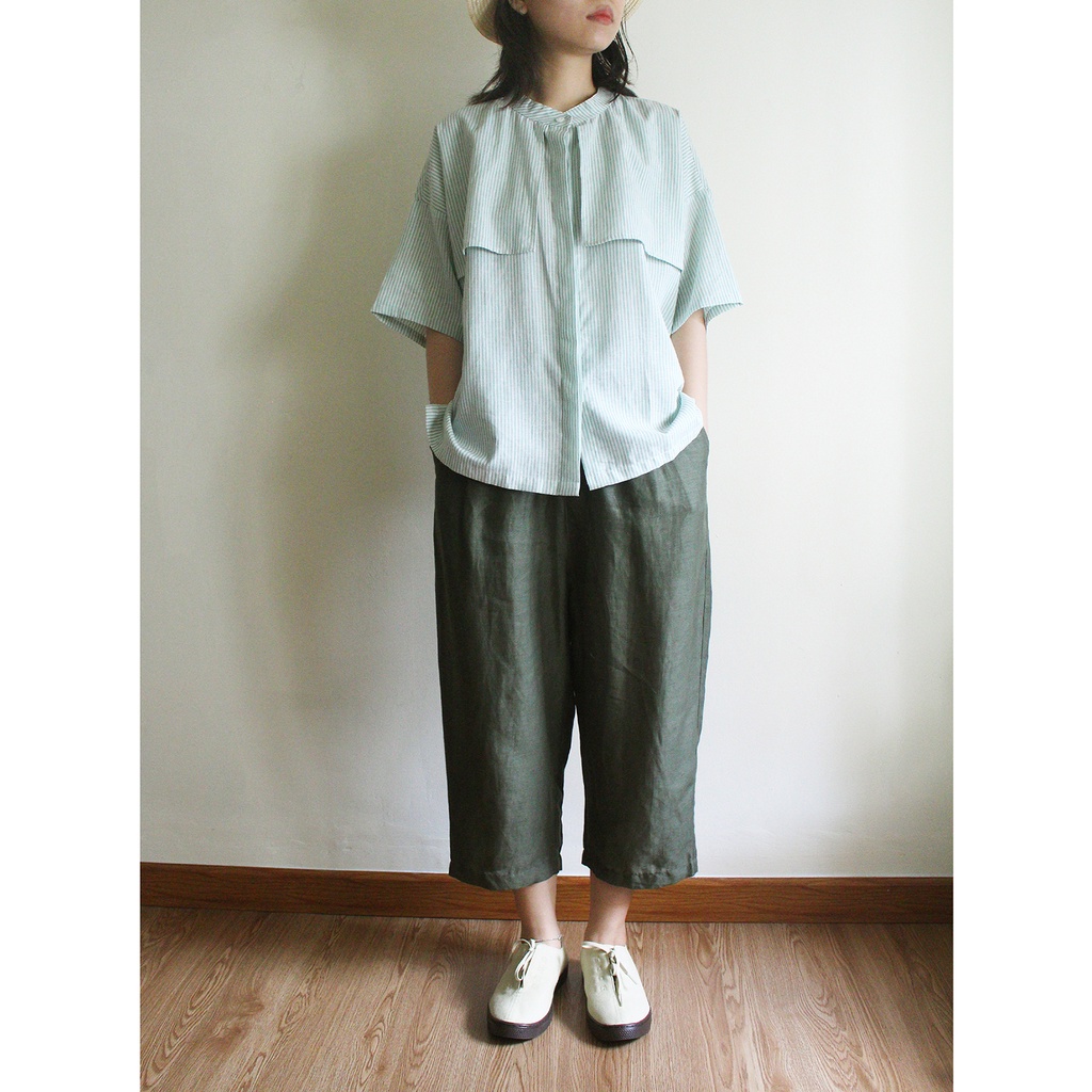 Áo cổ trụ có bèo ngực - Linen cotton - by Tháng Năm
