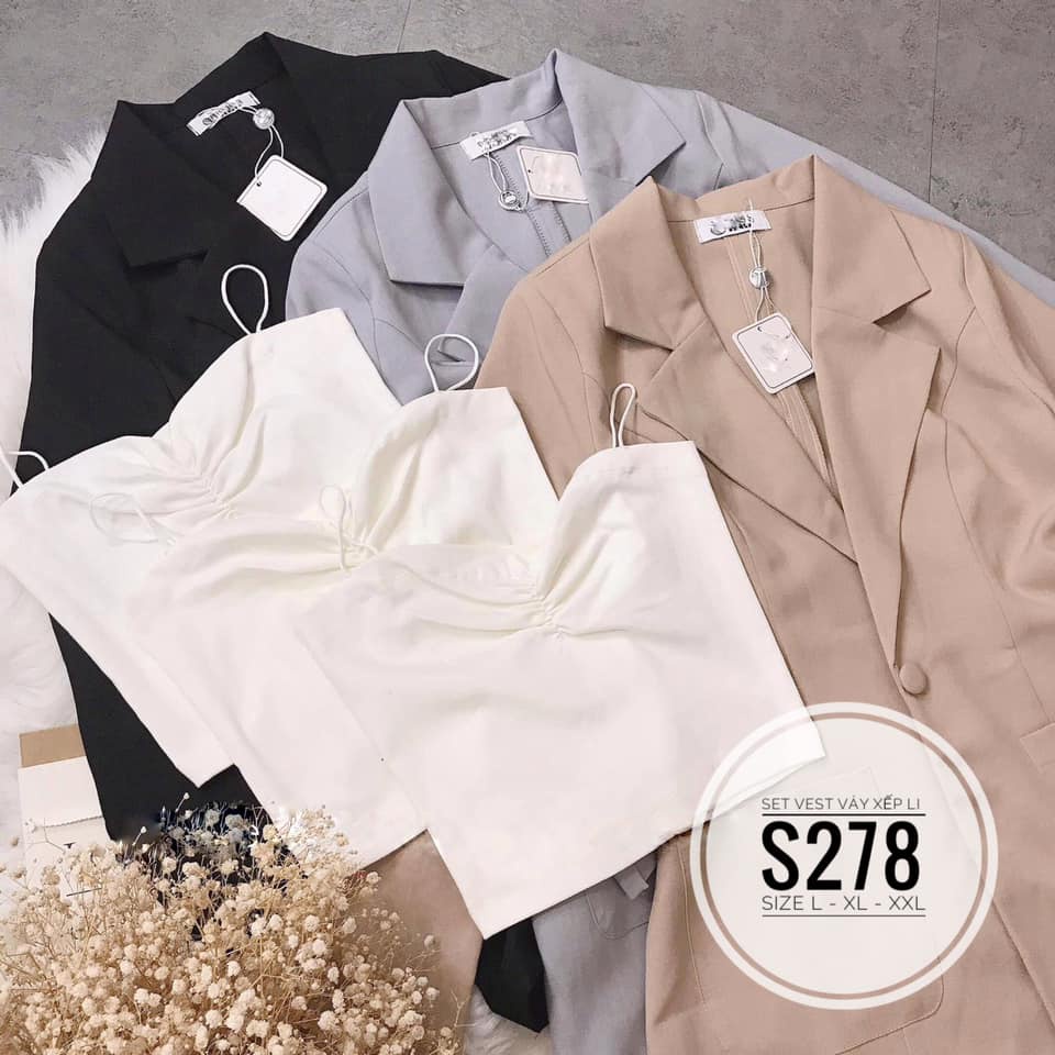 BIGSIZE Set áo vest blazer váy xếp li S278