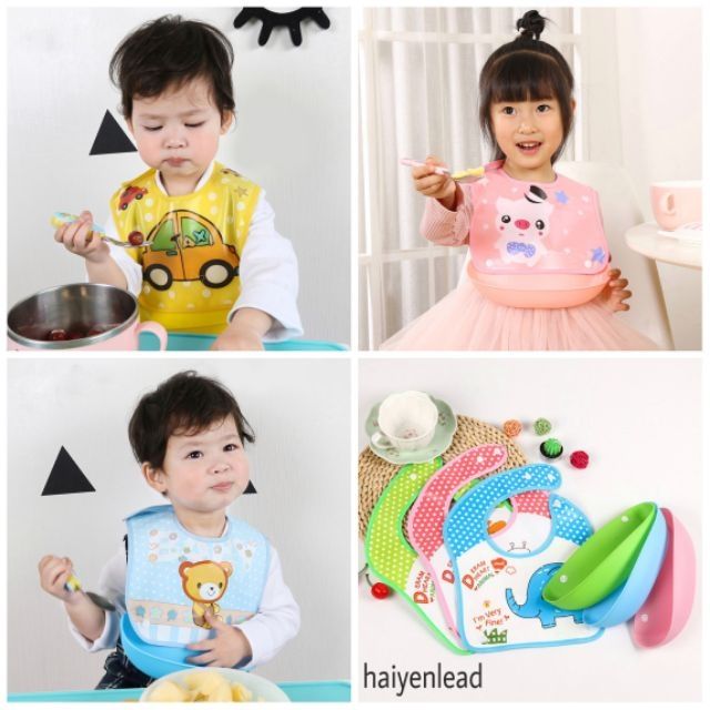 Yếm Ăn Dặm Có Máng Hứng Cúc Bấm Tháo Rời, Tiện Lợi Cho Bé