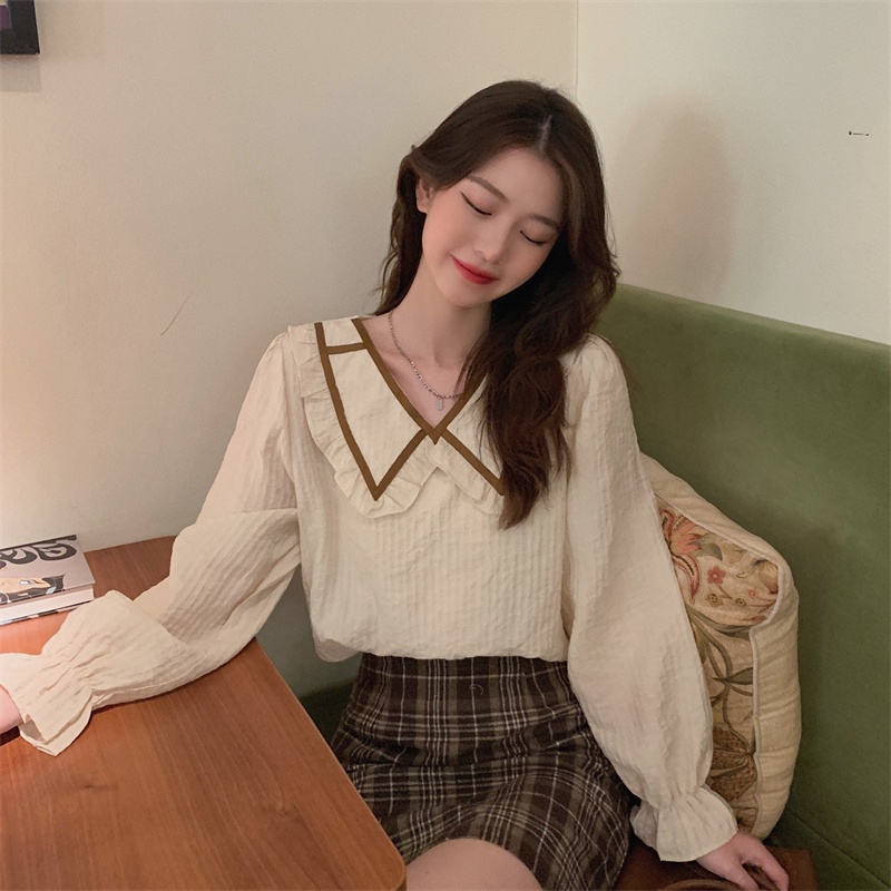 Áo kiểu IELGY tay dài dáng rộng màu sắc tương phản phong cách ngọt ngào dành cho nữ