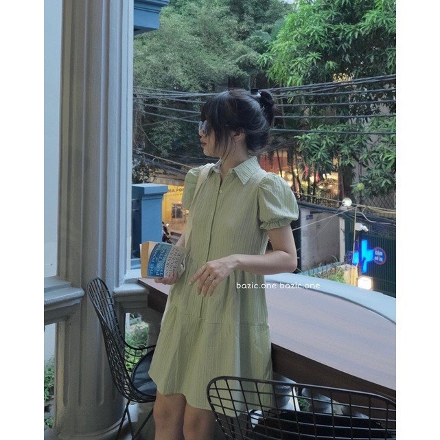 Váy Đầm Baybydoll Cổ Sơ Mi Vải Dũi Gân Dọc Váy Đi Chơi Dạo Phố Tiệc