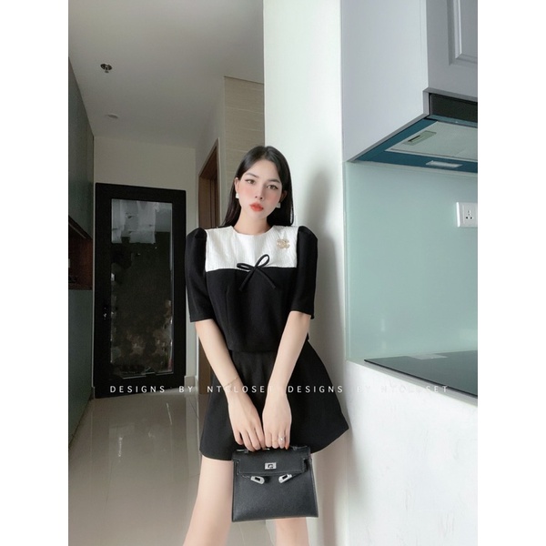 Set áo sơ mi nơ mix chân váy A nt closet tặng kèm tag