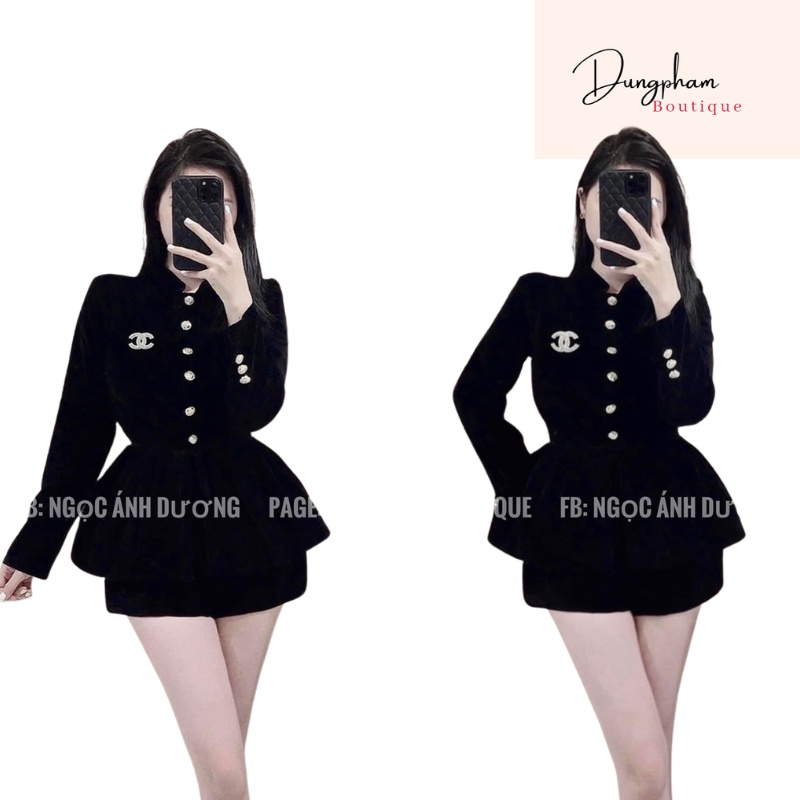 Áo khoác nhung đính đá dáng ngắn tay lông - Dungpham Boutique