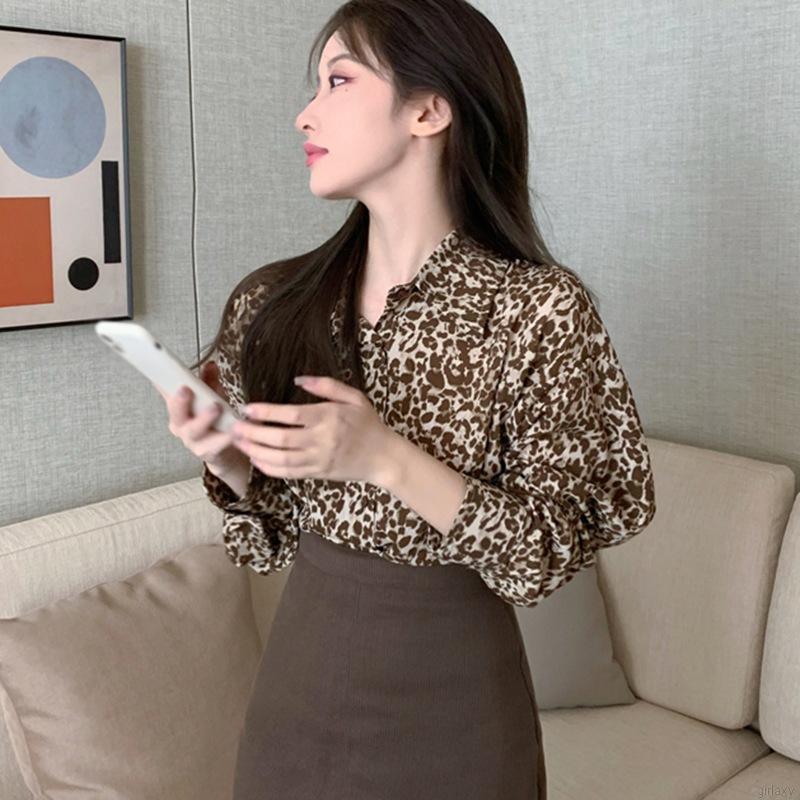 Áo Sơ Mi Dài Tay Dáng Rộng In Họa Tiết Da Báo Kiểu Cổ Điển Hàn Quốc Cá Tính