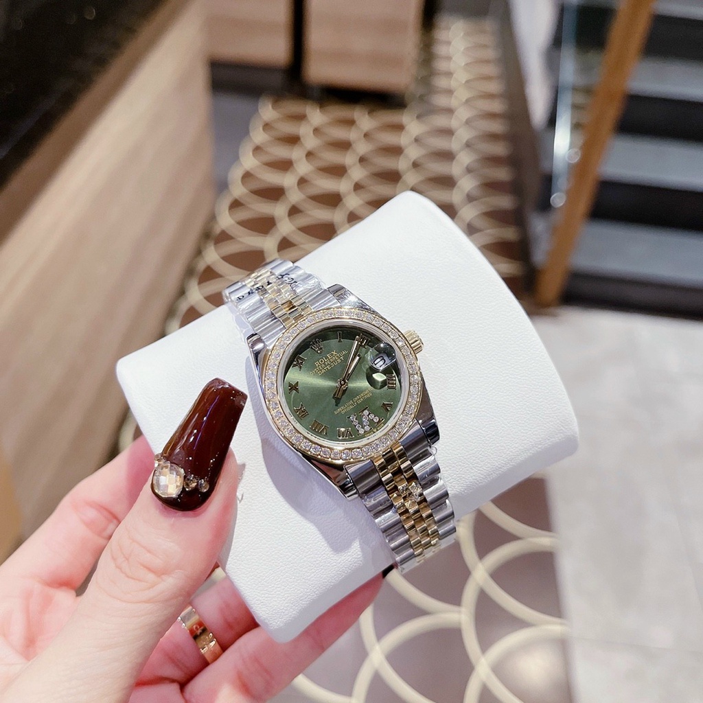 Đồng hồ đeo tay nữ, đồng hồ ROLEX NGỌC TRINH full box cao cấp, siêu sang chảnh, mặt đính kim cương nhân tạo swarovski