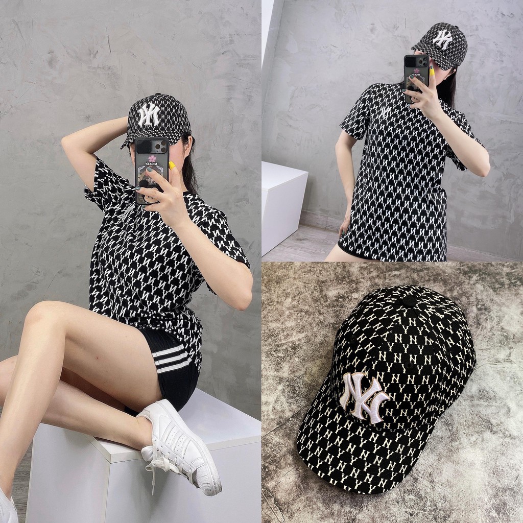 Mũ Nón MLB NY  Đen Monogram Baseball Cap Black Full Tag Code