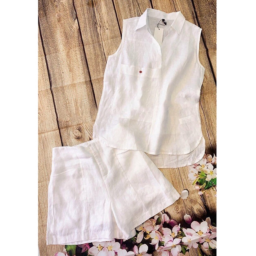 (TỔNG KHO LÂM ANH CHUYÊN SỈ) Set bộ đi chơi linen áo sát nách cổ bẻ kèm quần cộc trẻ trung