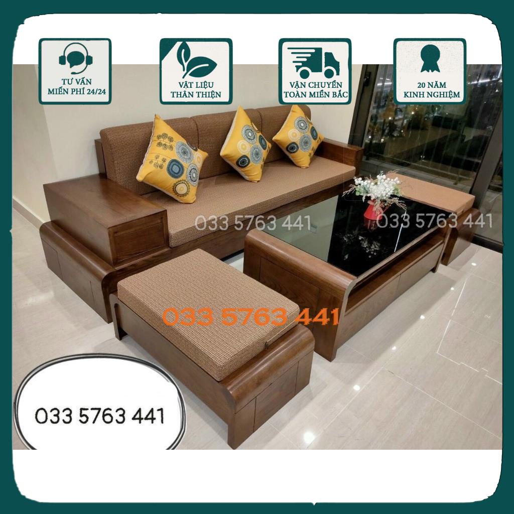 HÀNG CHÍNH HÃNG - ghế sofa gỗ sồi nga cao cấp ghế dài 2m4 kèm bàn trà và đôn ngồi