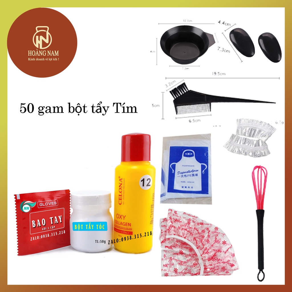 Combo Offer Bột Tẩy Tóc Lọ 60gam + Oxy 12% + 1 Cặp Bao Tay + Phụ Kiện 7 Món Đi Kèm