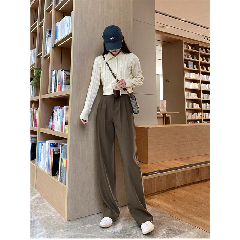 Quần ống rộng lưng cao màu sắc đơn giản phong cách Hàn Quốc độc đáo