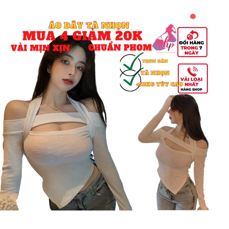 Áo thun gân nữ dây choàng cổ trễ vai body vải thun gân màu trắng đen mịn xịn sang chảnh phong cách hàn quốc