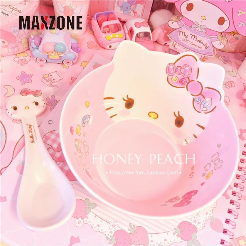SANRIO Bộ Bát Ăn Cơm / Súp Bằng Melamine In Họa Tiết Hoạt Hình Hello Kitty Dễ Thương Dùng Làm Quà Tặng Cho Bé Gái
