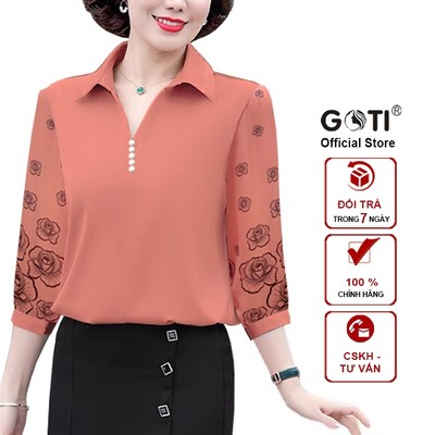 GOTI - Áo Kiểu Tặng Mẹ Trung Niên Tay Lỡ Dáng Suông Lụa Cổ Bẻ Sơ Mi In Hoa Tiết Cao Cấp 3A26 3A29
