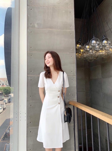 Đầm váy cổ V nút dừa 3 màu