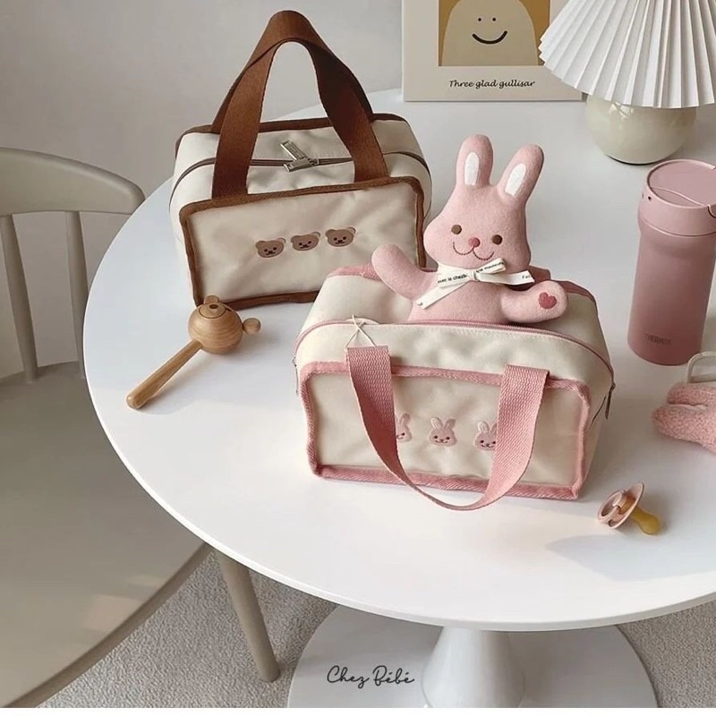 Túi bỉm sữa tả thức ăn giữ nhiệt chống thấm họa tiết thêu dễ thương phong cách hàn nhỏ gọn cho bé đi học