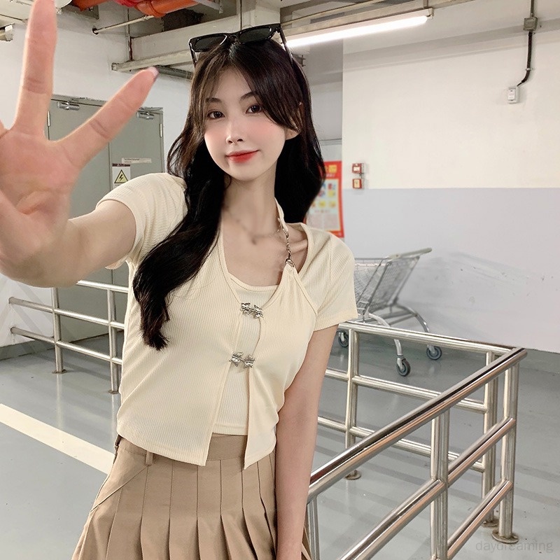 Áo Thun Ngắn Tay Giả Hai Lớp Phong Cách Hàn Quốc Dành Cho Nữ