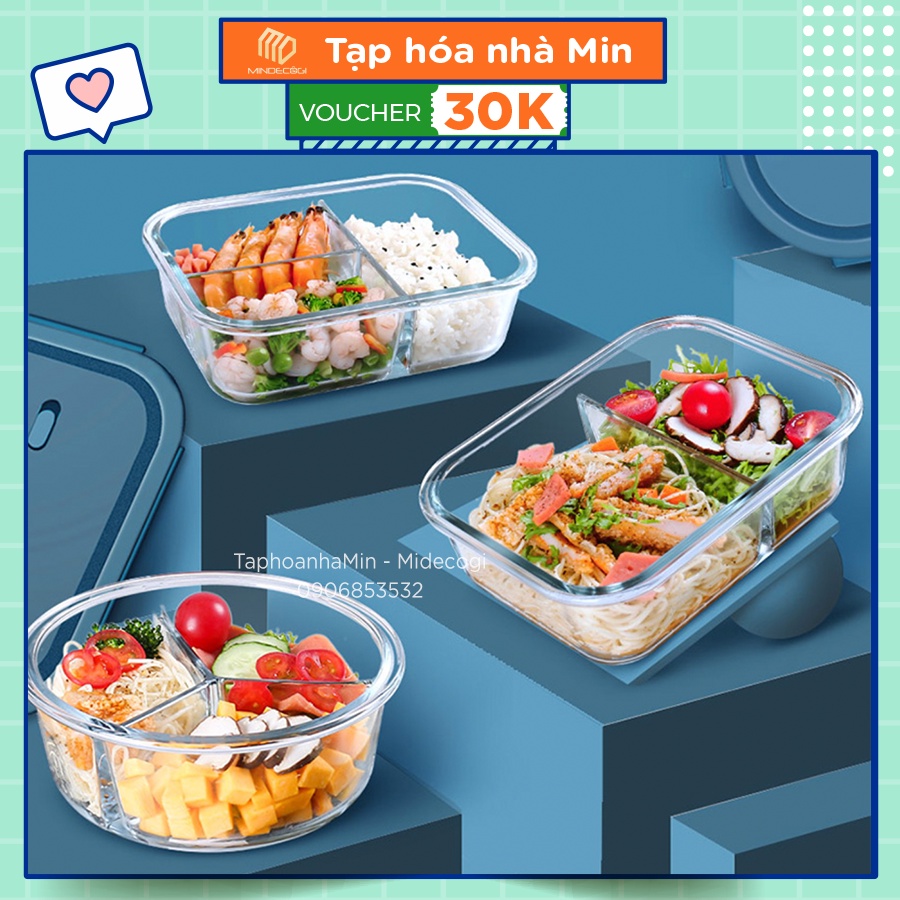 Hộp đựng cơm thủy tinh 3 ngăn 960ml / Hộp thủy tinh tròn 660ml 1 ngăn Yeahcook Glass Lunch Box