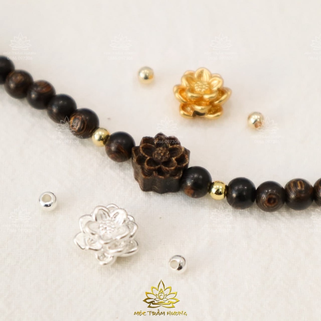 Vòng tay MTH JEWELRY Chuỗi Tràng Hạt 216 4mm Trầm Sánh Chìm MIX Bạc S925 CHARM (HOA SEN Trắng) - Mộc Trầm Hương