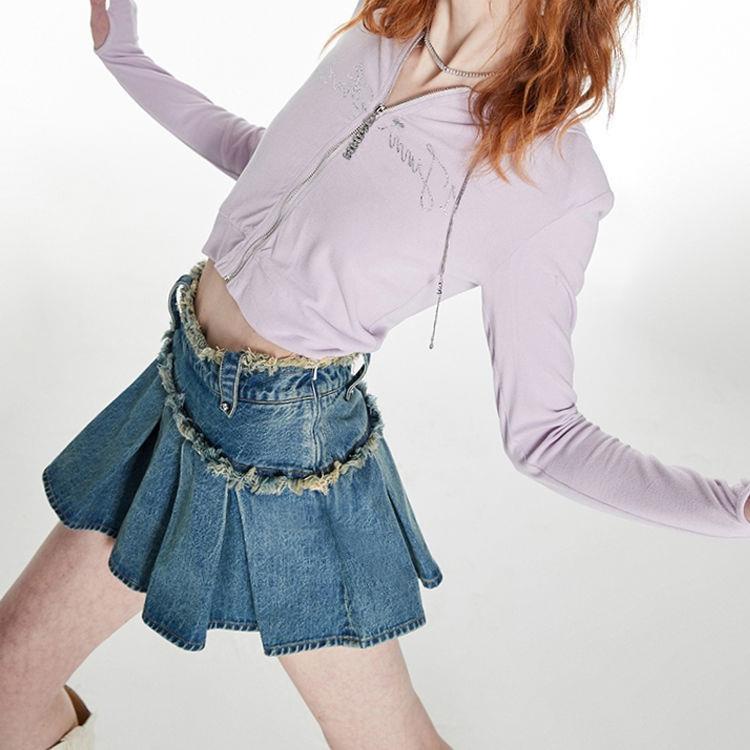 Chân Váy Denim Xếp Ly Viền Xếp Ly Phong Cách Hàn Quốc Thời Trang Mùa Hè Hàng Mới Dành Cho Bạn Gái
