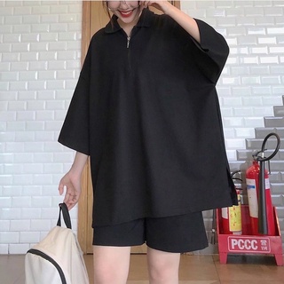 Set đồ nữ, set bộ áo thun polo kéo khóa quần short form rộng - bộ đồ áo phông tay lỡ quần đùi