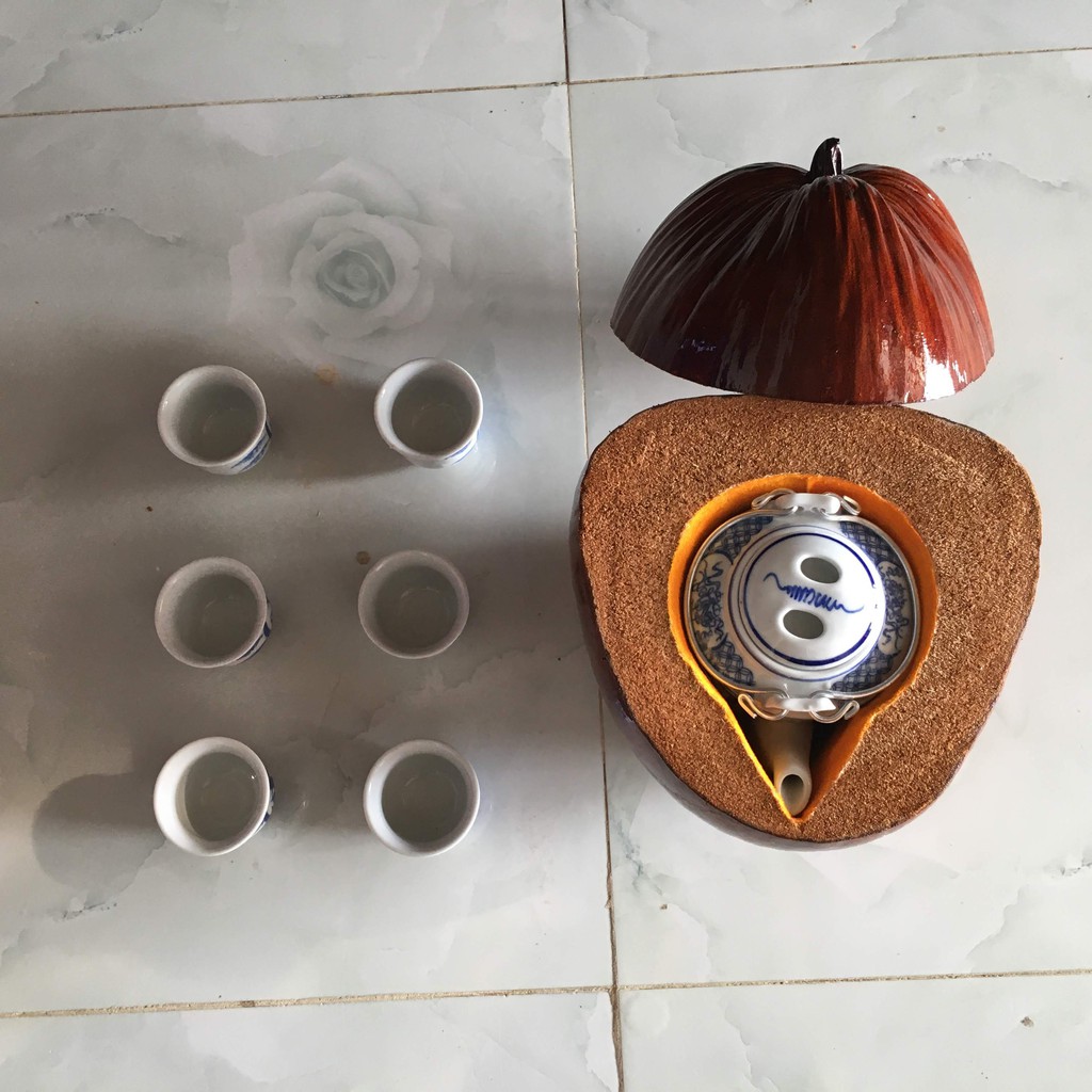 combo vỏ bình trà bằng trái dừa + 1 bình tích + 12 tách trà  hàng tuyển