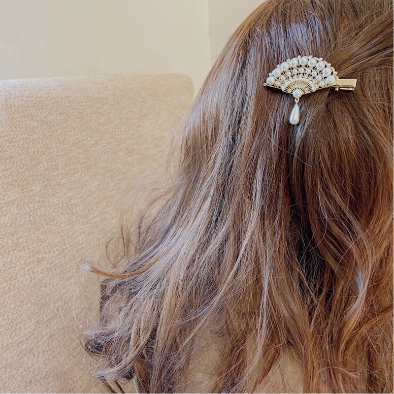 Kẹp Tóc Hình Quạt Đính Ngọc Trai Phong Cách vintage Hàn Quốc