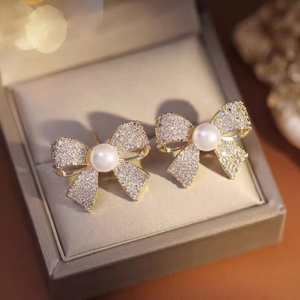 Khuyên Tai Hình Nơ Đính Ngọc Trai Đơn Giản Dễ Phối Đồ