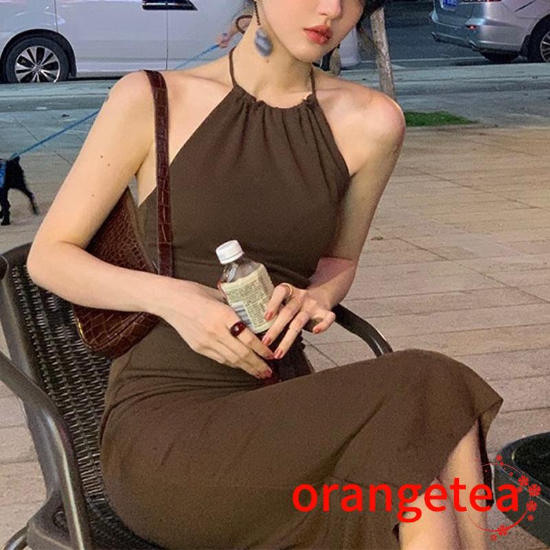 Women Summer Bandage Halter Dress Charming Solid Color Sleeveless Backless Long Evening Gowns