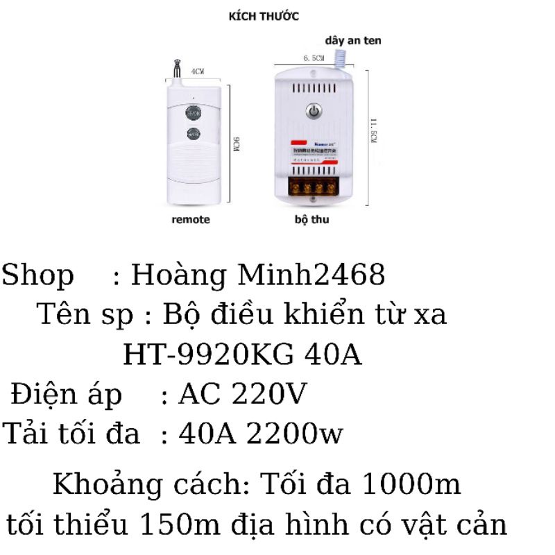 Bộ Công tắc điều khiển từ xa 1km HONEST HT-9920KG 40A xuyên tường bật tắt máy bơm
