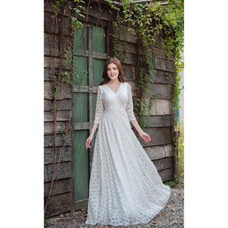 Đầm maxi trắng dạ hội tay dài, cô dâu nhẹ nhàn, sang trọng - Hinh thật Sp 100%