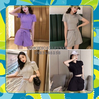 SET ÁO HOODIE CROPTOP MIX QUẦN ĐÙI TÍM ĐEN XÁM ULZZANG - BỘ THỂ THAO HOT - (Sp sẵn)