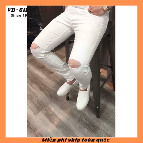Quần Jean Dài Nam Trắng Rách Gối Chất Dày Dặn Co giãn Bốn Chiều Cầm Nặng Tay 303