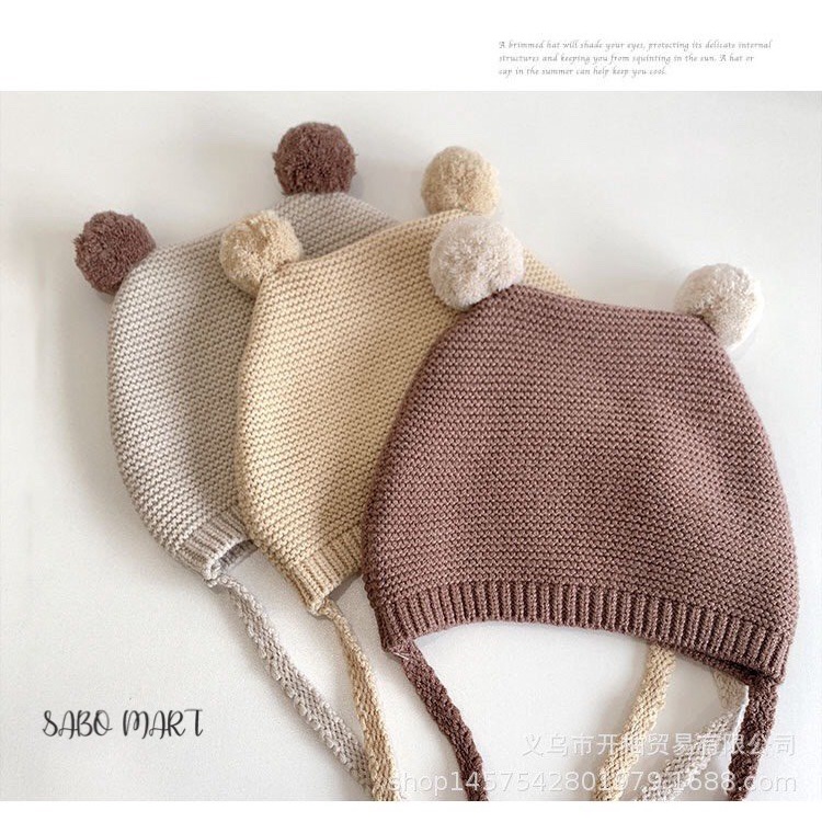 Mũ Len Tai Bông Có Dây Buộc Kiểu Dáng Hàn Quốc Xinh Yêu Cho Bé 3-24 tháng - SABOMART