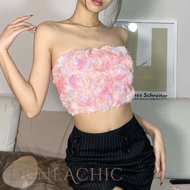 DUNEA Áo Ống Hở Lưng Họa Tiết Hoa Ngọt Ngào Cho Nữ