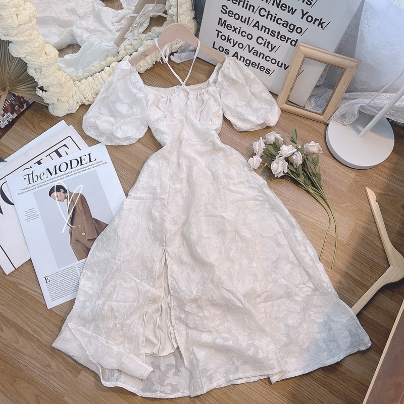 ĐẦM HOA NỔI TAY BỒNG CHÉO DÂY CỘT CỔ MIDI KEM