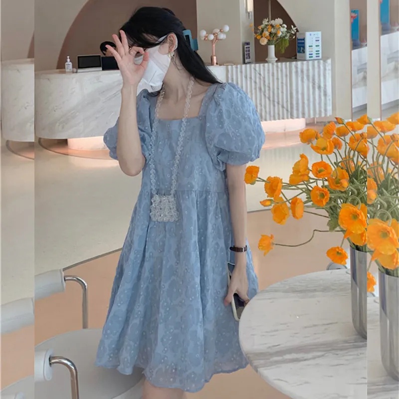 [MURIOKI] Đầm Chiffon Chữ A Cổ Vuông Tay Phồng In Họa Tiết Phong Cách Hàn Quốc Thời Trang Quyến Rũ Cho Nữ