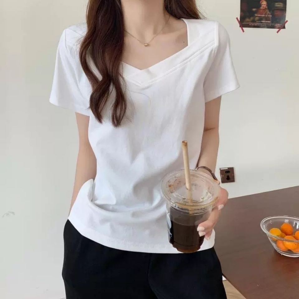 Áo Thun Tay Ngắn Cổ Vuông Dáng Ôm Thời Trang Mùa Hè Cho Nữ