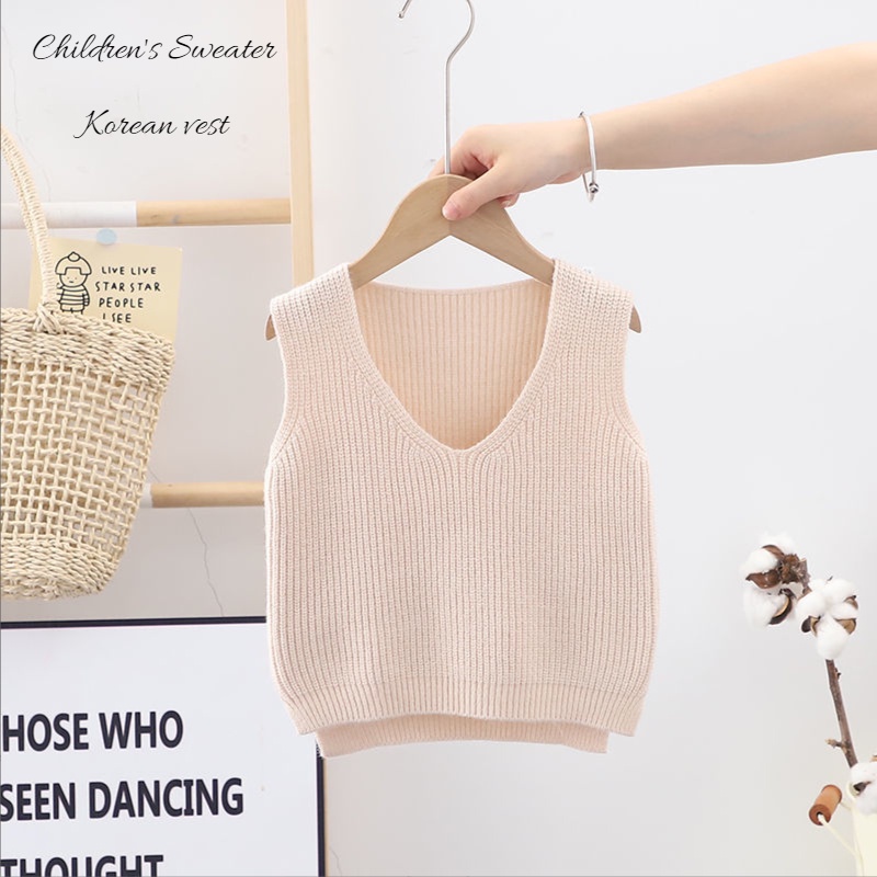 Áo len không tay cổ chữ V đơn giản cho bé